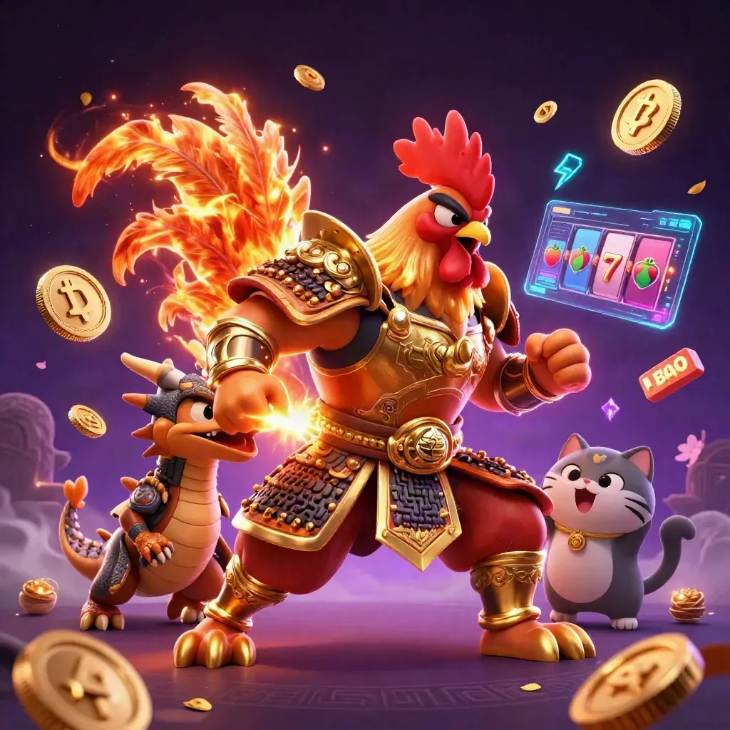 Rooster samurai, spark-breathing dragon hatchling, and fortune cat amid neon coins, lightning, and gold petals