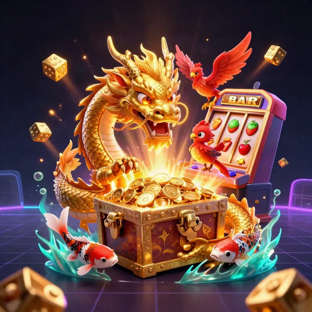 Golden dragon and phoenix burst from a treasure chest amid slot symbols and jackpot light.