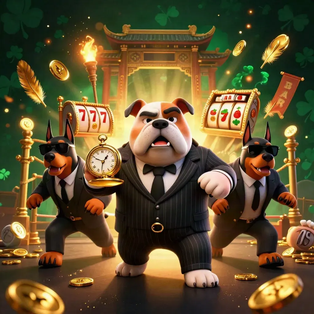 Cartoon bulldog boss and two Doberman guards amid casino chaos and gold sparks
