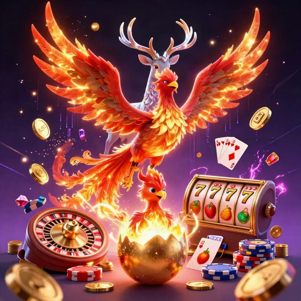 Phoenixes, stag, coins, reels, and chips explode in a dark neon casino splash scene