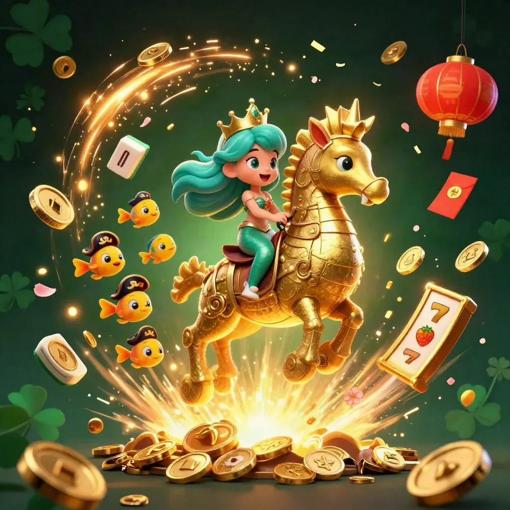 Mermaid princess on a gold seahorse amid coins, fireworks, lanterns, slots, and treasure
