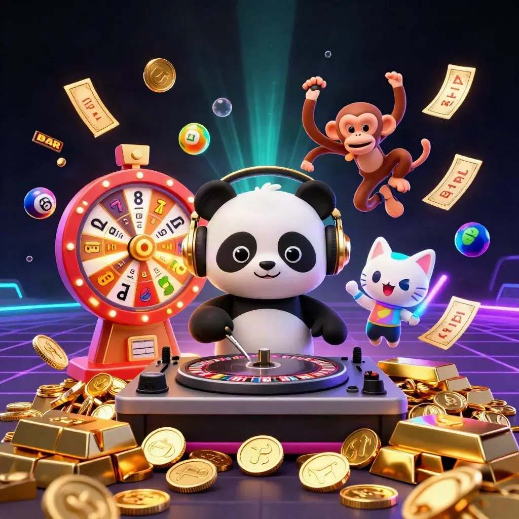 Panda DJ, breakdancing monkey, and glow-stick kitten amid casino loot and fireworks.