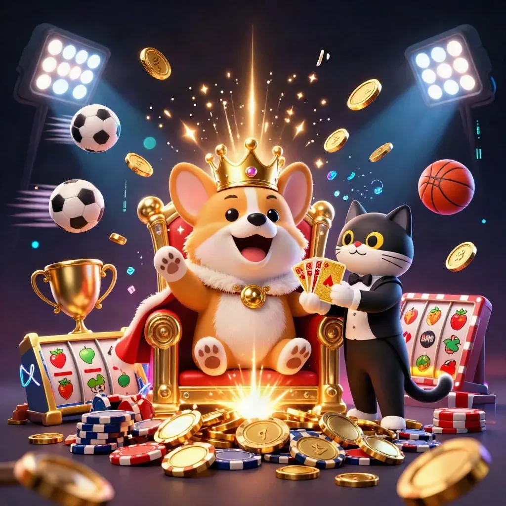 Corgi king and cat butler amid exploding coins, sports balls, trophies, and neon casino effects.