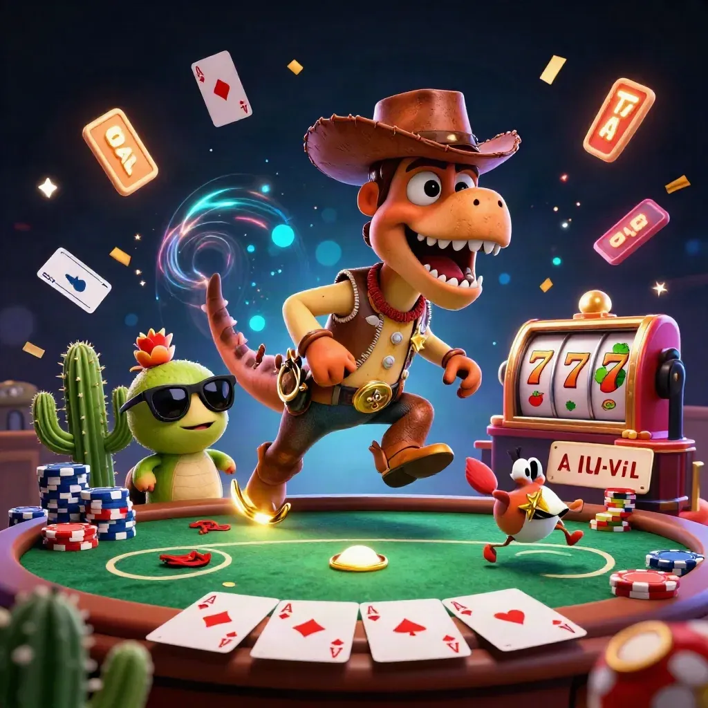 Cartoon T-Rex cowboy, cactus sidekick, and roadrunner amid poker chips and slot symbols