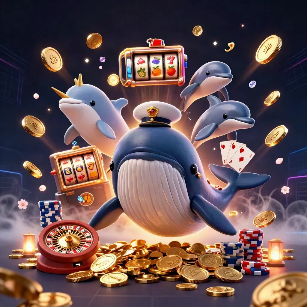 Cartoon whale captain, narwhal, and dolphins amid coins, chips, and casino lights.