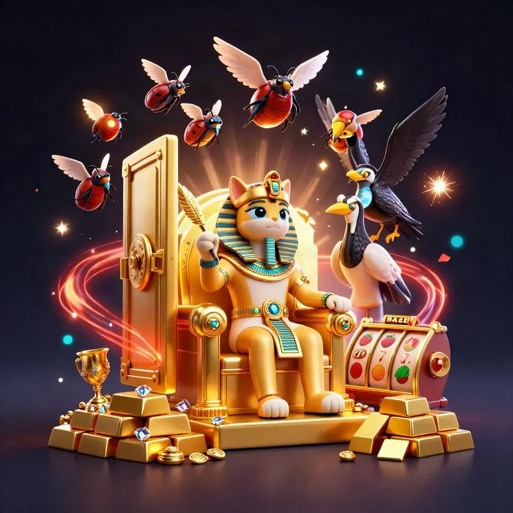 Pharaoh cat, ibis scribe, and scarabs amid treasure, casino symbols, and glowing magic.