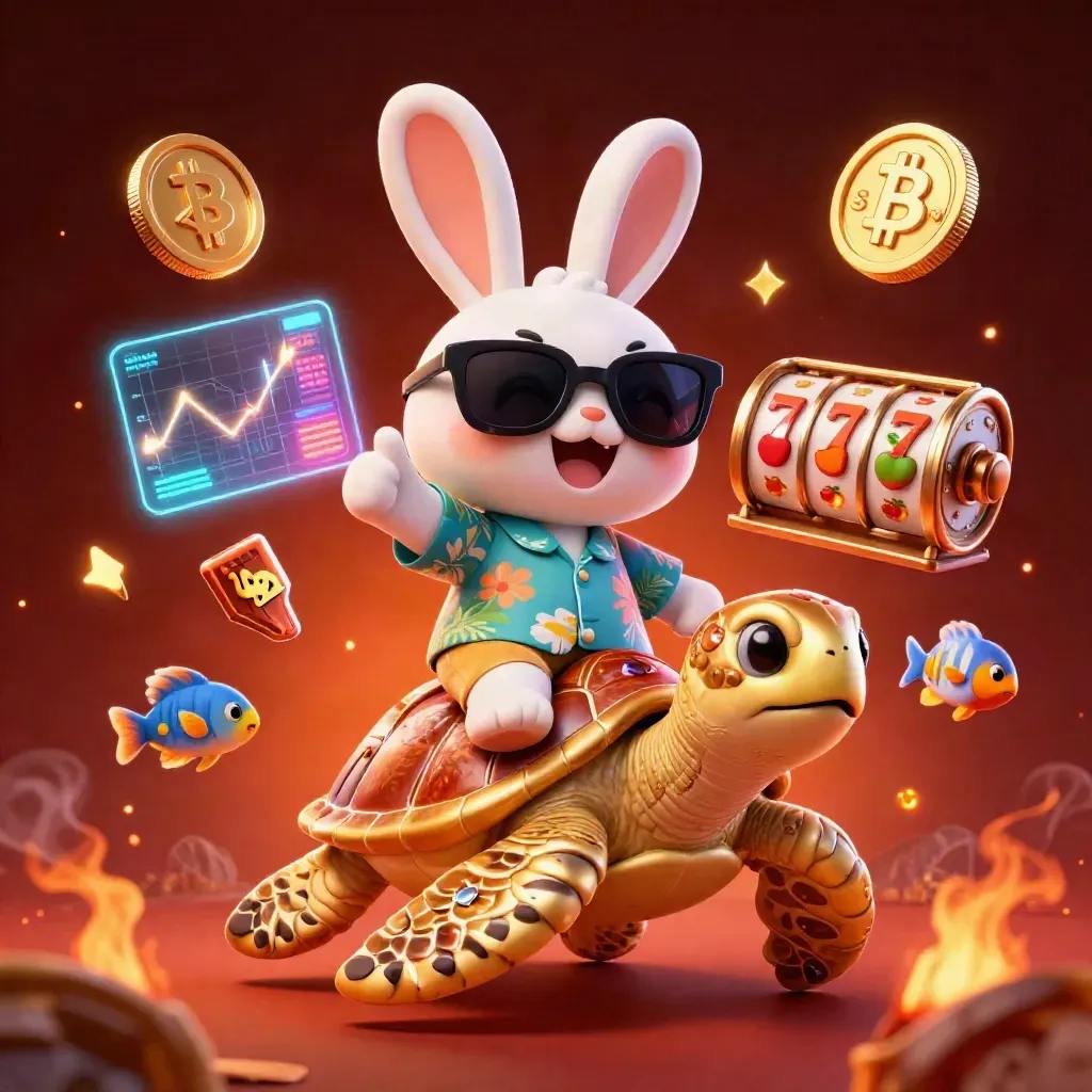 Rabbit on golden sea turtle with casino symbols, coins, sparks, and neon glow