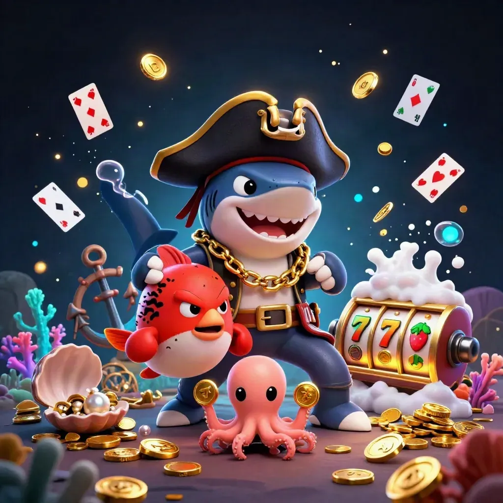 Pirate shark, boxing pufferfish, and coin-juggling octopus in a glowing treasure cove