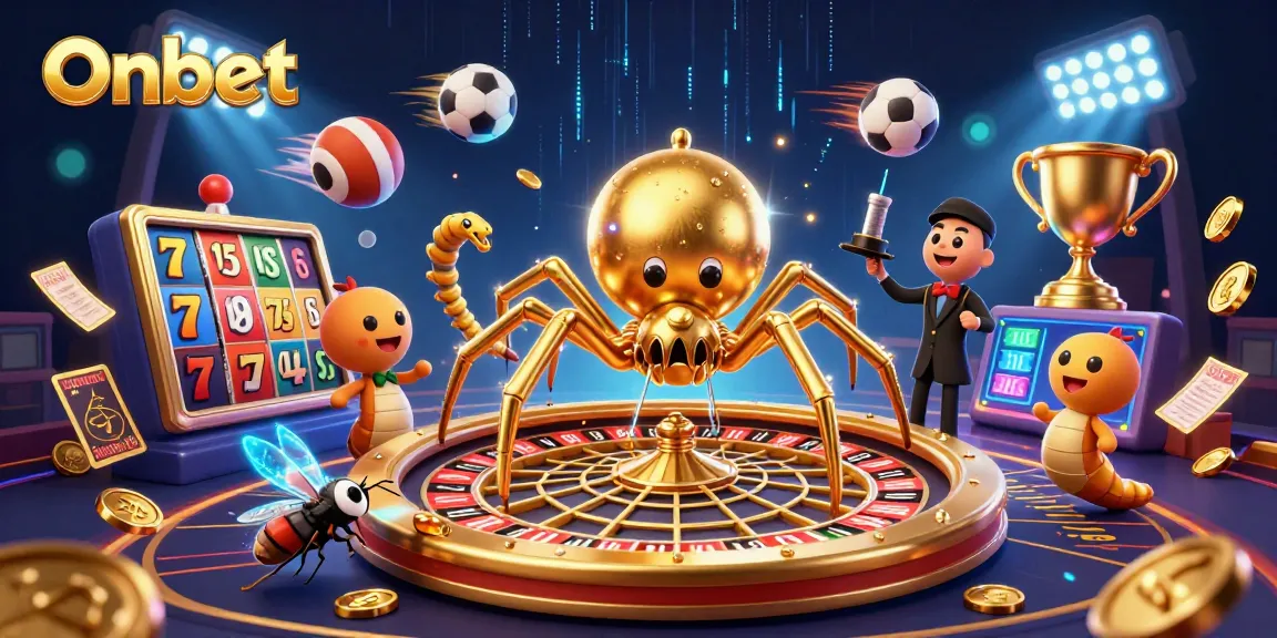 Engage in thrilling gameplay at Onbet with a golden spider spinning a roulette wheel web.