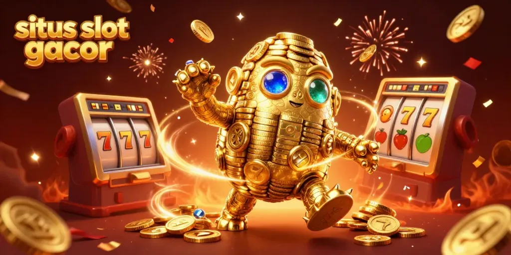 Gambarkan aksi menarik di situs slot gacor dengan simbol slot dan koin emas berputar.