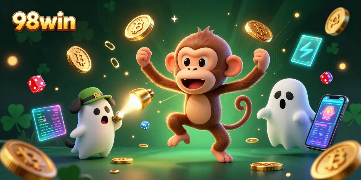 Experience the thrill of gambling at 98win with vibrant poker elements and a mischievous monkey character.