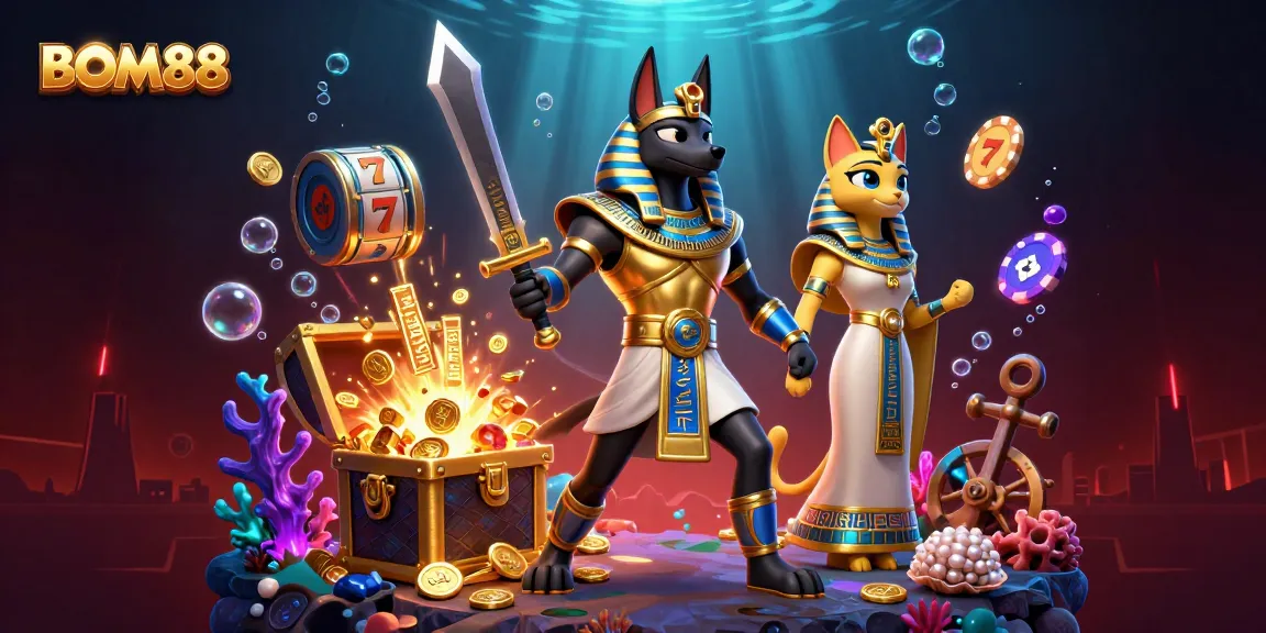 BOM88 offers a vibrant gaming experience with ancient Egyptian warriors amidst casino elements, celebrating chance and excitement.