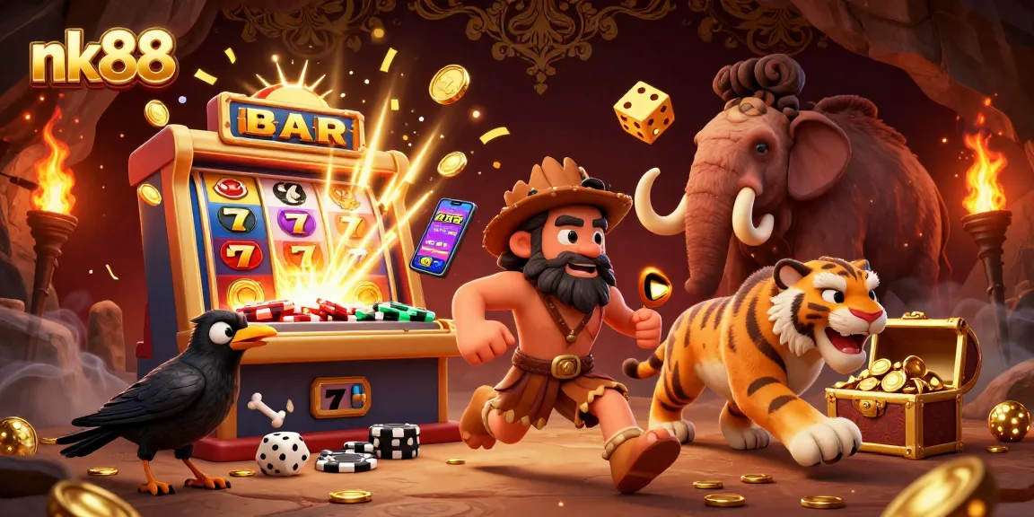 Experience thrilling wins at nk88 with a vibrant 3D casino scene showcasing slot machines and lively characters.