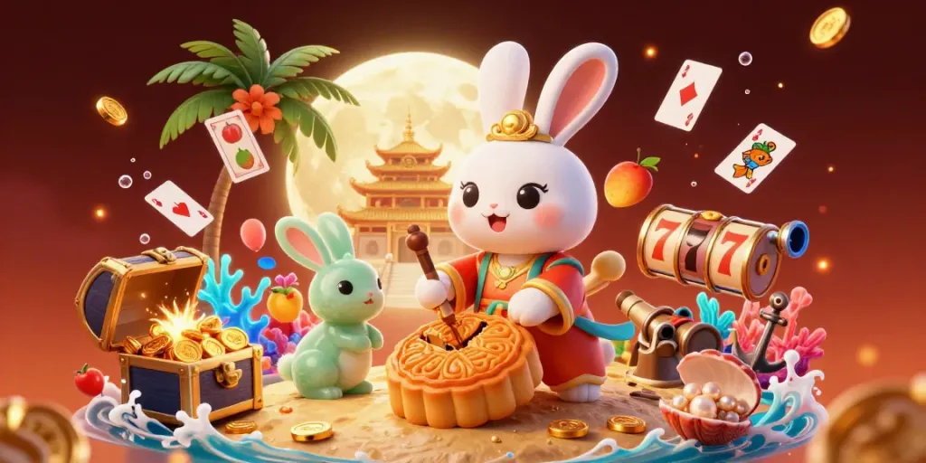 Experience the thrill of slot gaming through a colorful 3D illustration where moon rabbits reveal poker chips, celebrating luck and excitement.