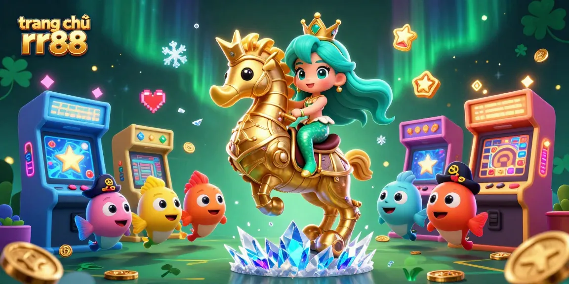 Engage with the vibrant scene at trang chủ rr88, featuring a mermaid princess and seahorse amidst colorful arcade elements for a dynamic gaming experience.