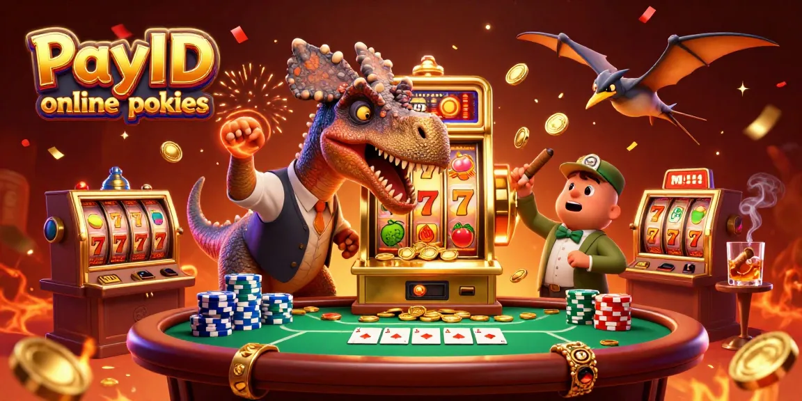 Experience the excitement of PayID online pokies with cartoon dinosaurs winning big at the casino.