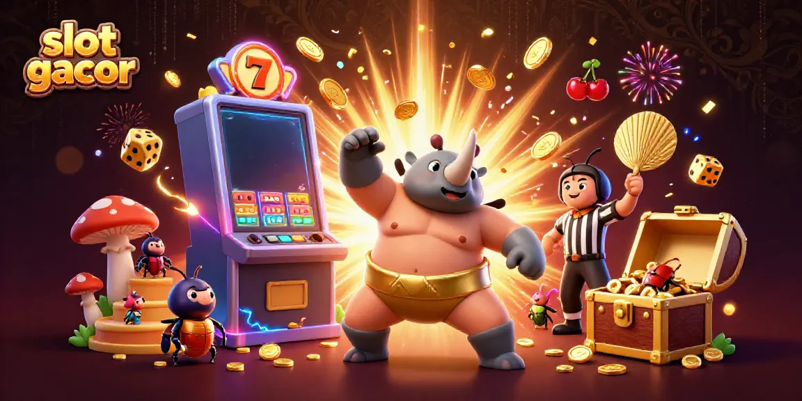 Experience the thrill of slot gacor with this animated scene featuring a rhinoceros beetle champion surrounded by jackpots.
