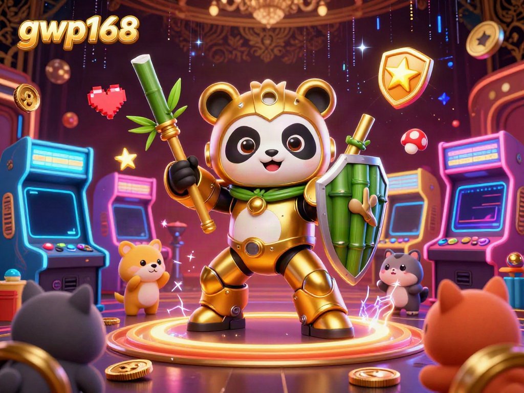 GWP168 menghadirkan arena kasino yang meriah, penuh dengan robot dan elemen permainan digital.