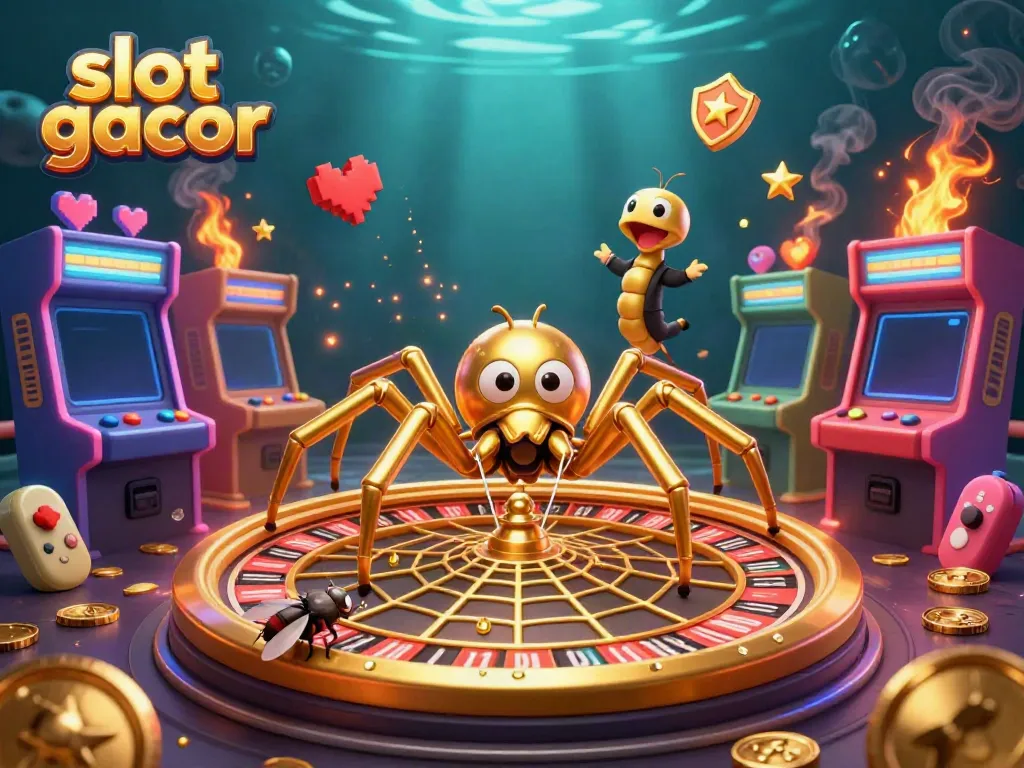 Experience the thrills of slot gacor with a vibrant 3D casino scene featuring a lucky spider and animated characters.