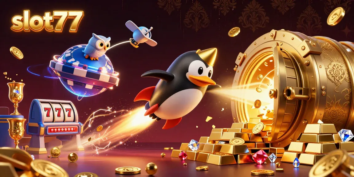 Experience thrilling gameplay with slot77’s vibrant 3D gambling scene filled with treasures.