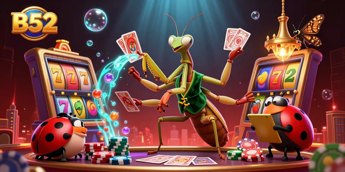 B52 card sharp giant mantis dealing cards and jackpots in vibrant casino scene