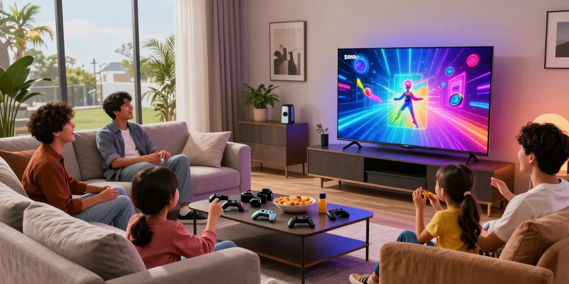 Family enjoying game night around Samsung Micro RGB TV in vibrant living room.