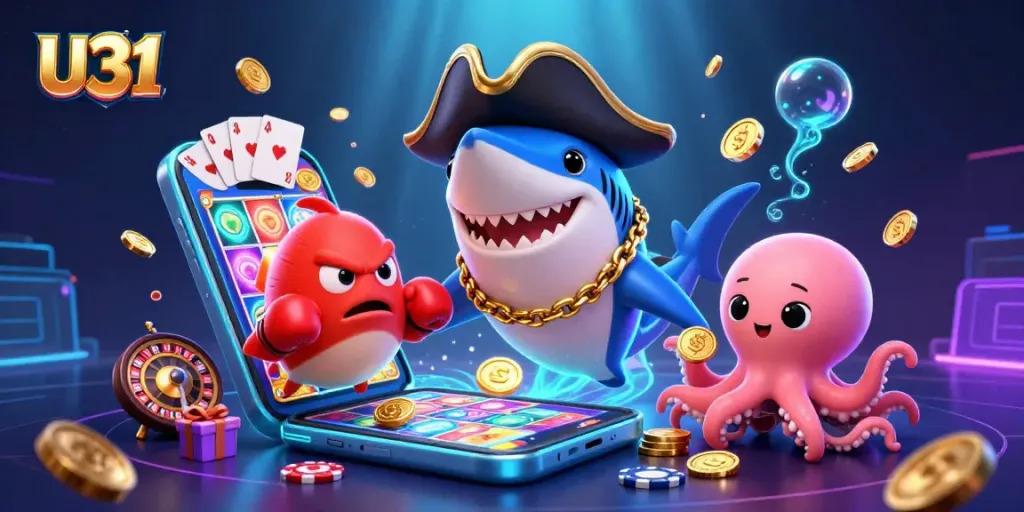 Join the excitement at U31 with a cartoon shark, octopus, and pufferfish amid thrilling slot games!