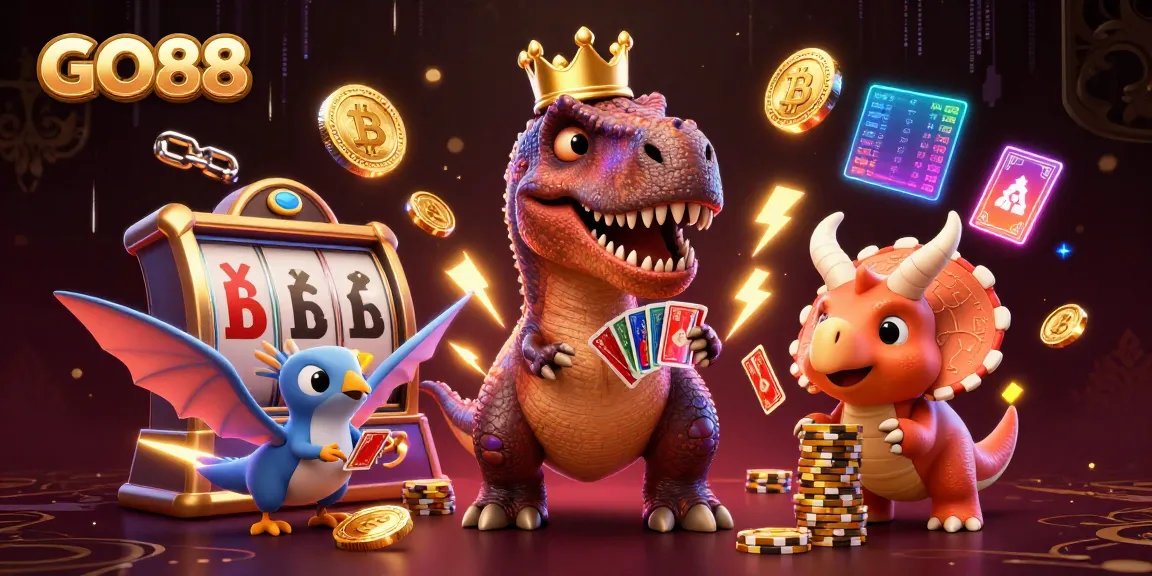 Participate in GO88's vibrant gaming scene with colorful characters and crypto elements surrounding a fun casino atmosphere.