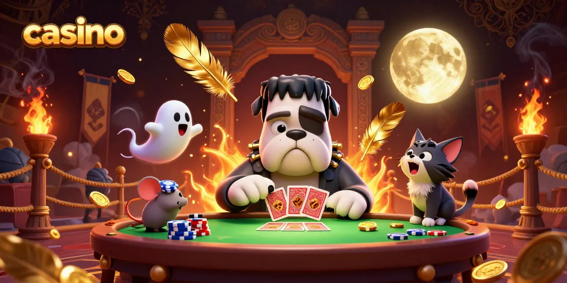 Playful casino scene featuring a Frankenstein bulldog dealer, a ghost mouse, and a werewolf kitten under a golden moon.