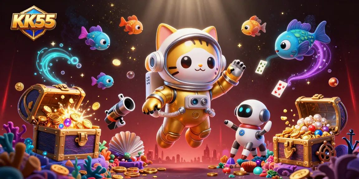 Experience winning moments with KK55 through fun gaming adventures illustrated in vibrant detail.