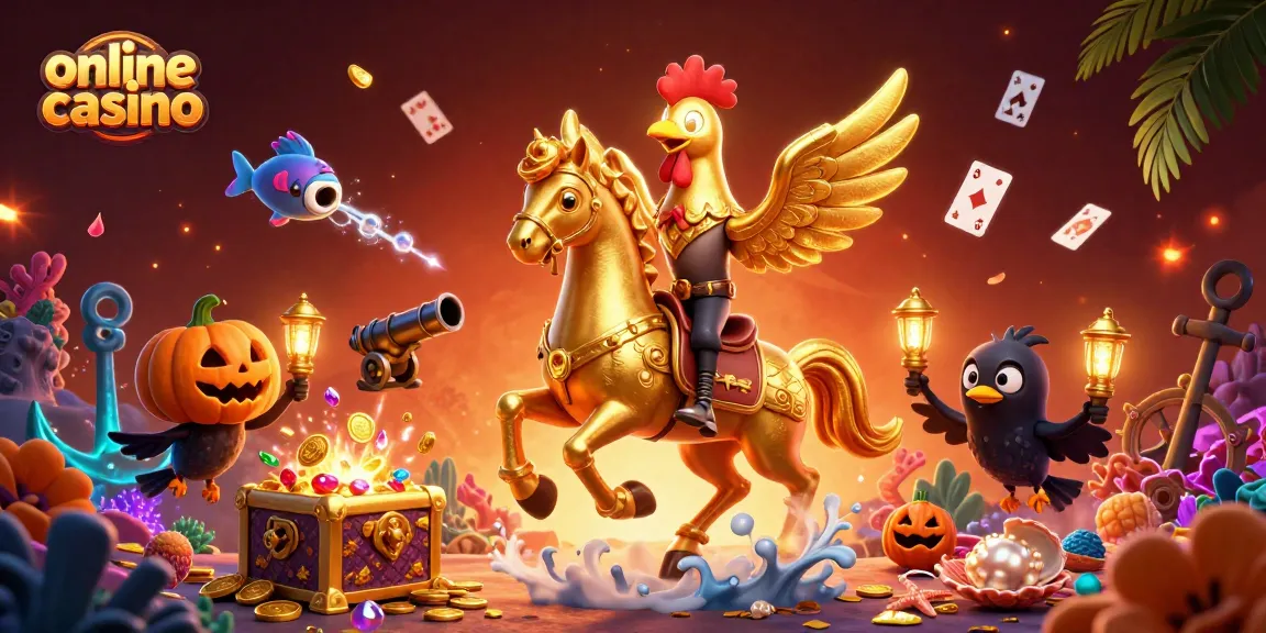 Experience the thrill of an online casino with golden rooster characters and vibrant gaming elements.