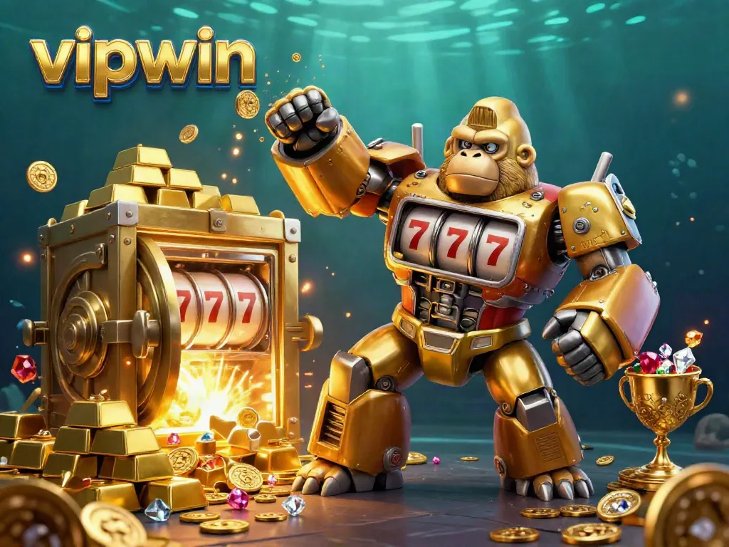 Experience thrilling wins at vipwin with a vibrant 3D gorilla mech and treasures bursting from a vault.