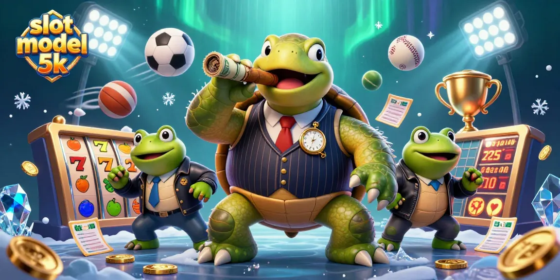 Engage with slot modal 5k featuring a cartoon turtle mobster and bullfrogs amidst dynamic casino elements.