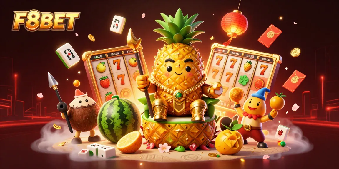 Experience the thrilling world of F8BET with a vibrant 3D casino illustration featuring dynamic characters.