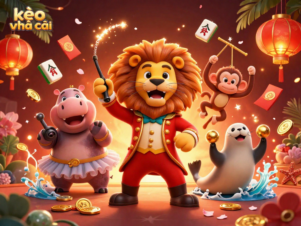 Engage with kèo nhà cái through vibrant 3D circus-themed gambling illustration featuring playful characters.