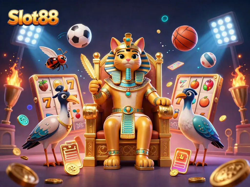 Slot88 menampilkan kucing firaun kartun 3D di takhta, simbol slot, dan bola olahraga berserakan.