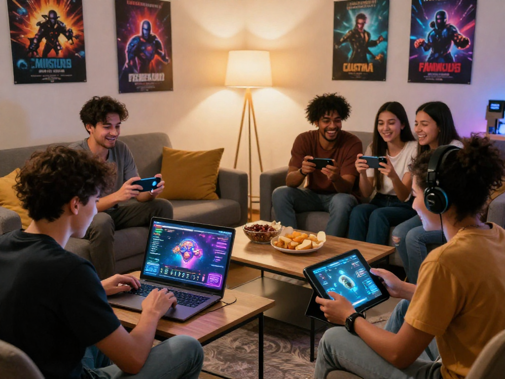 Explore mind control porn games with diverse players enjoying gameplay on various devices in a cozy living room.