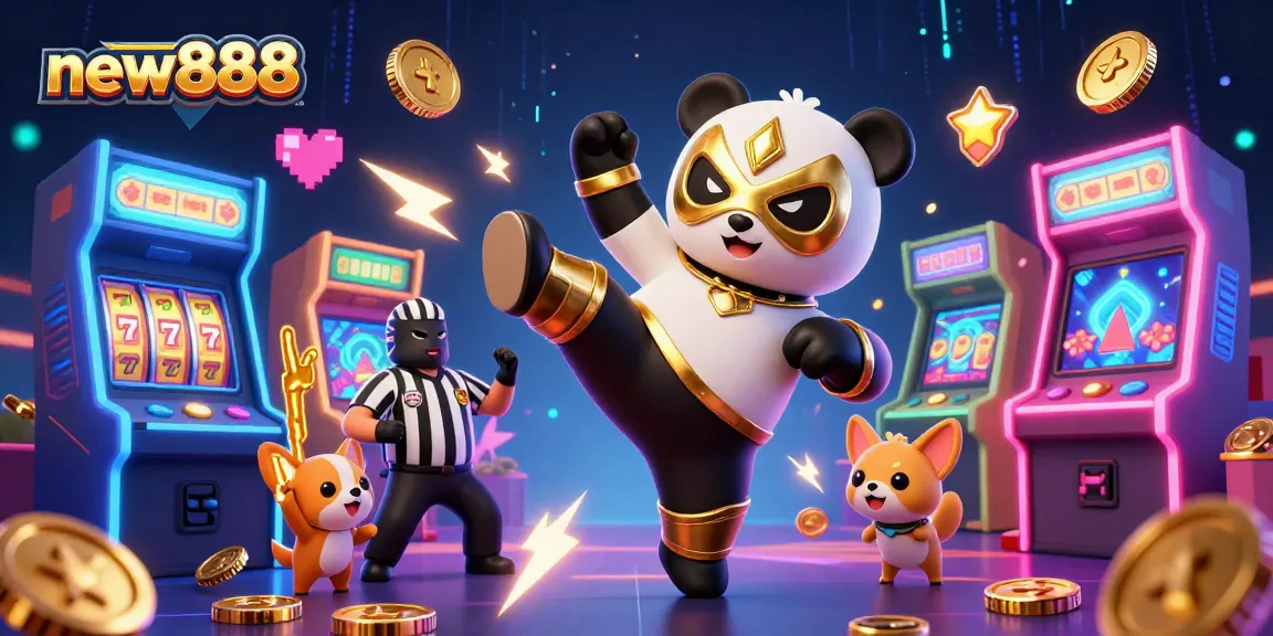 Engage with new888's thrilling action, featuring a panda wrestler and vibrant casino elements in an exciting atmosphere.