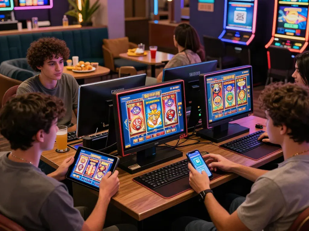 Players engaged in slot games on mobile devices, showcasing the excitement of quick deposits with QRIS.