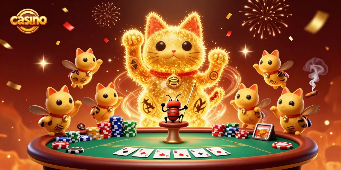 Experience vibrant casino excitement with a golden lucky cat and poker elements in action.