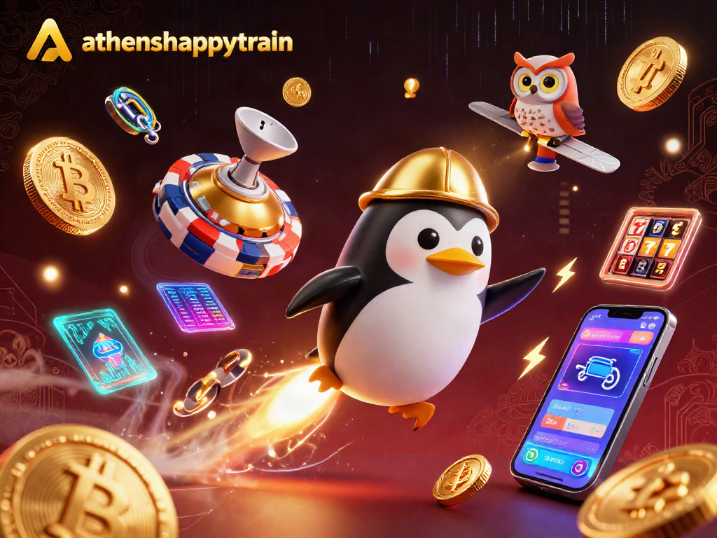 Experience the thrill of athenshappytrain with a golden penguin racing to win at a cosmic casino!
