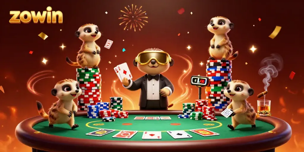 Zowin casino scene with meerkats as dealers and pit boss, vibrant atmosphere.