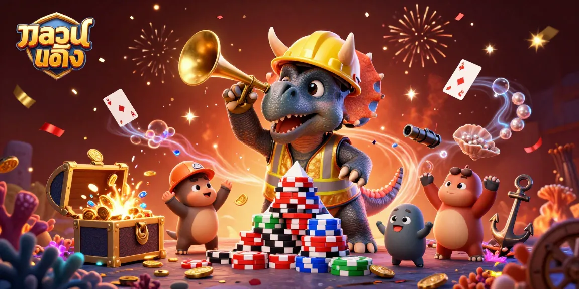 Experience แทงบอลเต็ง excitement with a triceratops and friends celebrating wins amidst vibrant casino elements.