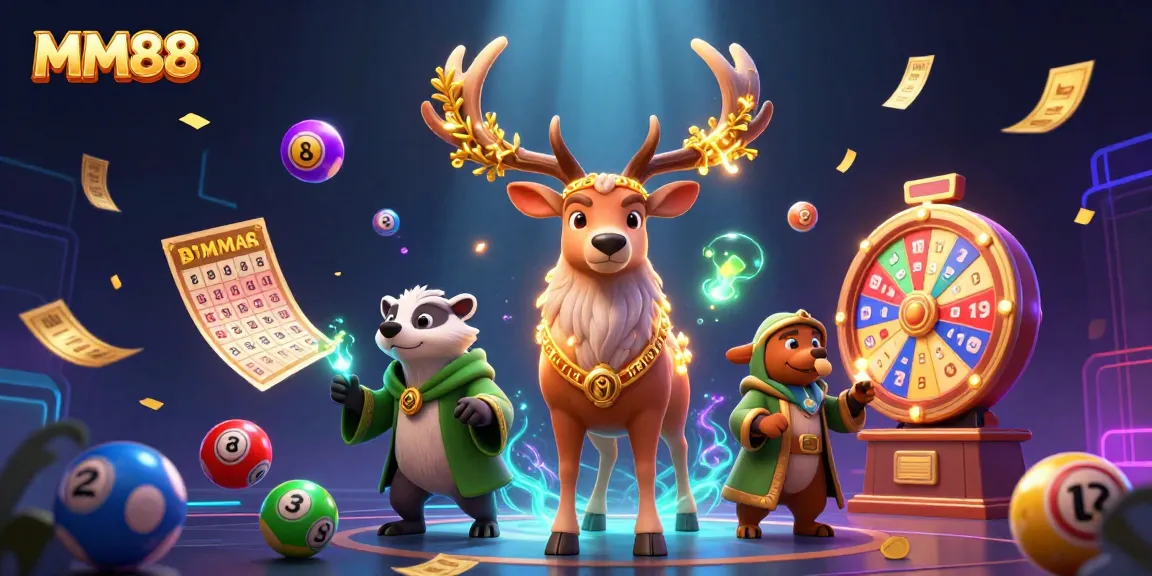 Experience thrilling MM88 gaming excitement with colorful lottery elements, druid, and badger characters.
