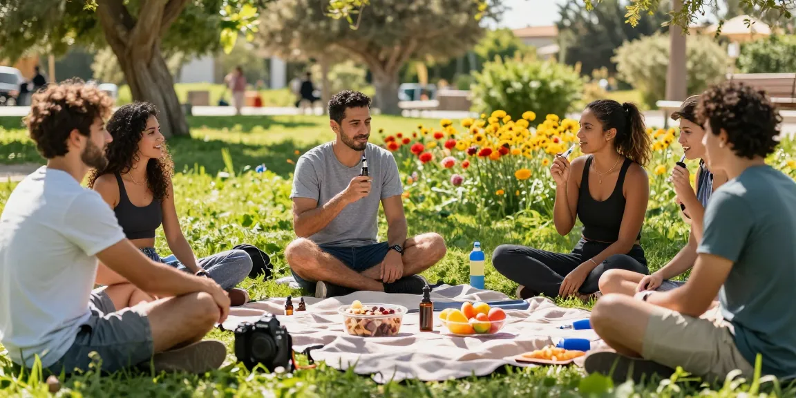 Is vaping legal in Cyprus? Enjoying CBD oil with vape devices in a vibrant outdoor wellness gathering surrounded by nature.