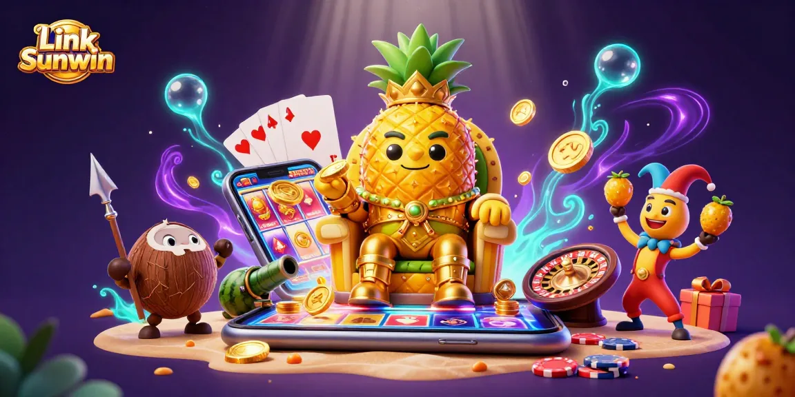 Spin and win with Link Sunwin; vibrant scene featuring a pineapple king and casino game elements.