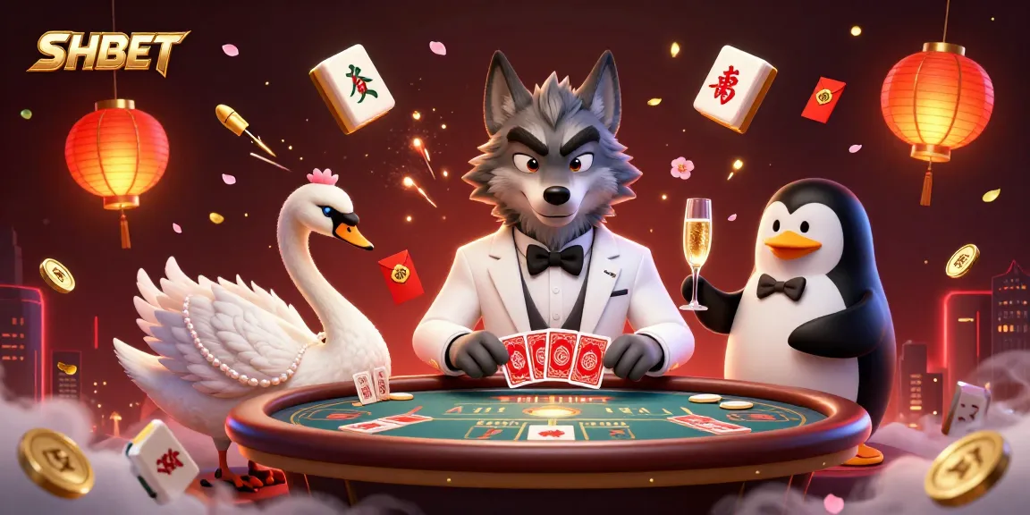 Experience the SHBET dynamics with a stylish wolf and swan at a baccarat table, immersed in festive gambling elements.