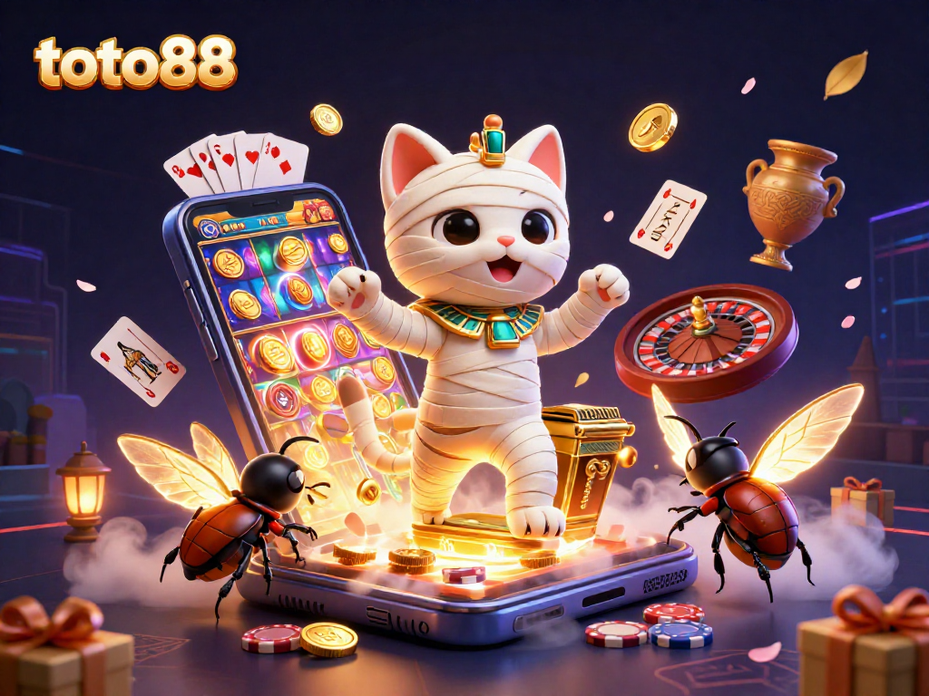 Experience the excitement of toto88 with a vibrant scene filled with a mummy cat, glowing scarab, and rich casino elements.
