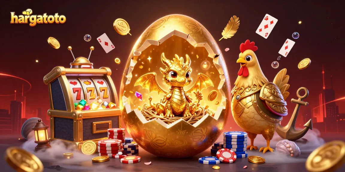 Hargatoto offers thrilling casino experiences with gold dragon and slot elements in this vibrant 3D scene.