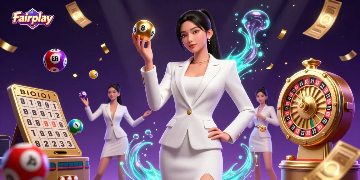 Experience Fairplay with vibrant lottery elements and a confident Asian woman showcasing her winning spirit.